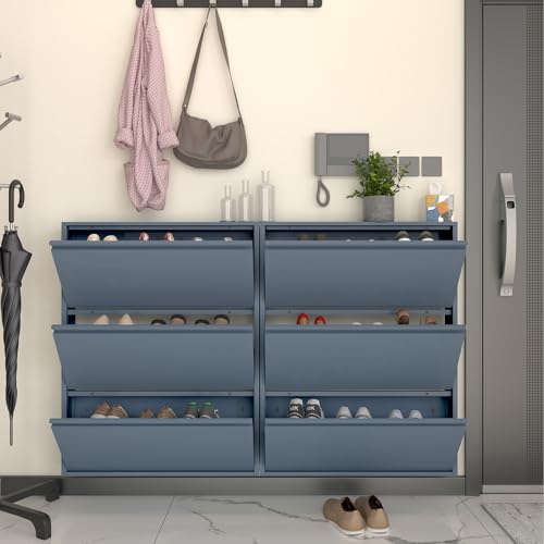 LUCYPAL Shoe Storage Cabinet with 3 Flip Drawers,Freestanding Organizer Metal Wall Shoe Cabinet for Entryway, Narrow Shoe Rack Cabinet for Living Room,Blue - color: Blue, size: 3 Flip Drawers