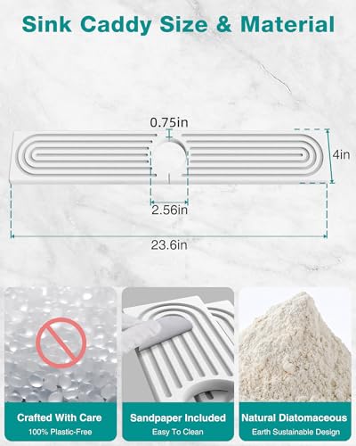 Stone Faucet Mat for Kitchen Sink, Diatomite Sink Protectors - Prevent Moisture Drying Stone Tray Fit Kitchen Counter & Bathroom Counter (White, 23.6" x 4") - color: White, size: 23.6" x 4"