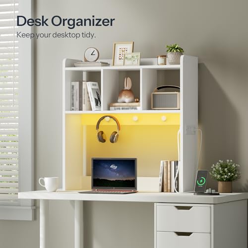 HOOBRO Desktop Bookshelf, Office Desktop Shelf, Desk Hutch with Outlets, Wooden Office Desktop Bookcase, Desktop Organizer Shelf with LED Light Strip and 3 Hooks, for Home, Study, White WT12UDSJ01 - color: White