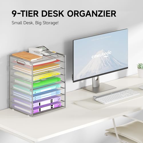 Cawukege 9 Tier Paper Organizer with Handle, Large Capacity Desk Organizer Mesh File Folder Letter Paper Tray Desktop Document Sorter for Classroom, School, and Office Accessories Organization- Silver - color: 1 Pack - Sliver