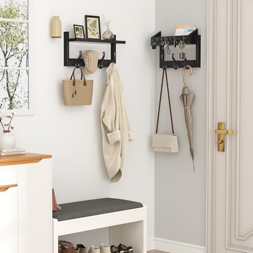 Evermagin 29" Coat Rack Wall Mount with Shelf, 4 in 1 Wall Mounted Coat and Key Hanger with 11 Hooks, Entryway Key Holder with Mail Holder for Living Room, Bedroom, Black - color: Black, size: 29 inch