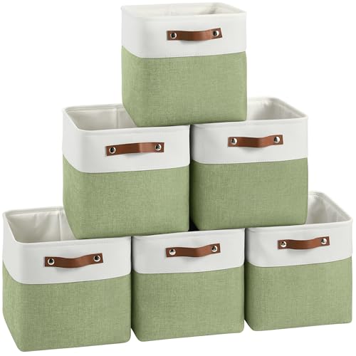 FinishingBo Cube Storage Baskets 6 Pack, 11x11 inch Cube Storage Bins with Leather Handles for Shelf Closet (White/ Green) - color: White/ Green