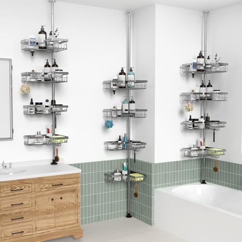 KEGII Corner Shower Caddy Tension Pole with Soap Dish & Razor Holder, Adjustable Bathroom Organizer with Hooks, 25-114.2 Inch Rustproof Storage Shelf for Renters & Apartments, Gunmetal Gray - style: Tension Caddy - Gunmetal Gray