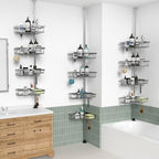 KEGII Corner Shower Caddy Tension Pole with Soap Dish & Razor Holder, Adjustable Bathroom Organizer with Hooks, 25-114.2 Inch Rustproof Storage Shelf for Renters & Apartments, Gunmetal Gray - style: Tension Caddy - Gunmetal Gray