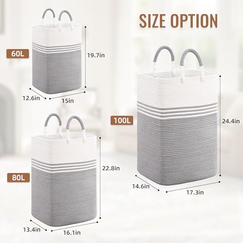 Laundry Basket Hamper,Blanket Storage,Dirty Clothes Hamper with Swivel Handles,Woven Cotton Rope Toy Baskets,Blanket Basket Living Room,Decorative Hampers for Nursery,Bedroom,White & Gray,80L - color: White & Gray, size: 80L