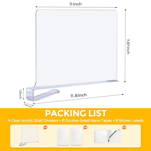 JOY DECOR 8 Pack Acrylic Clear Shelf Dividers for Closets Organizer and Storage Adjustable Vertical Wood Shelf Closet Separators for Clothes,Book,Bags in Bedroom and Kitchen - color: Clear