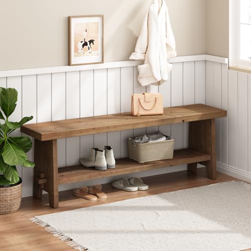 HOKYHOKY Solid Wood Entryway Bench - 54.3" Farmhouse Long Storage Bench, Rustic Narrow Bench Seat for Indoor, Entryway, Dining Room, Living Room and Hallway, Brown - size: 54.3"