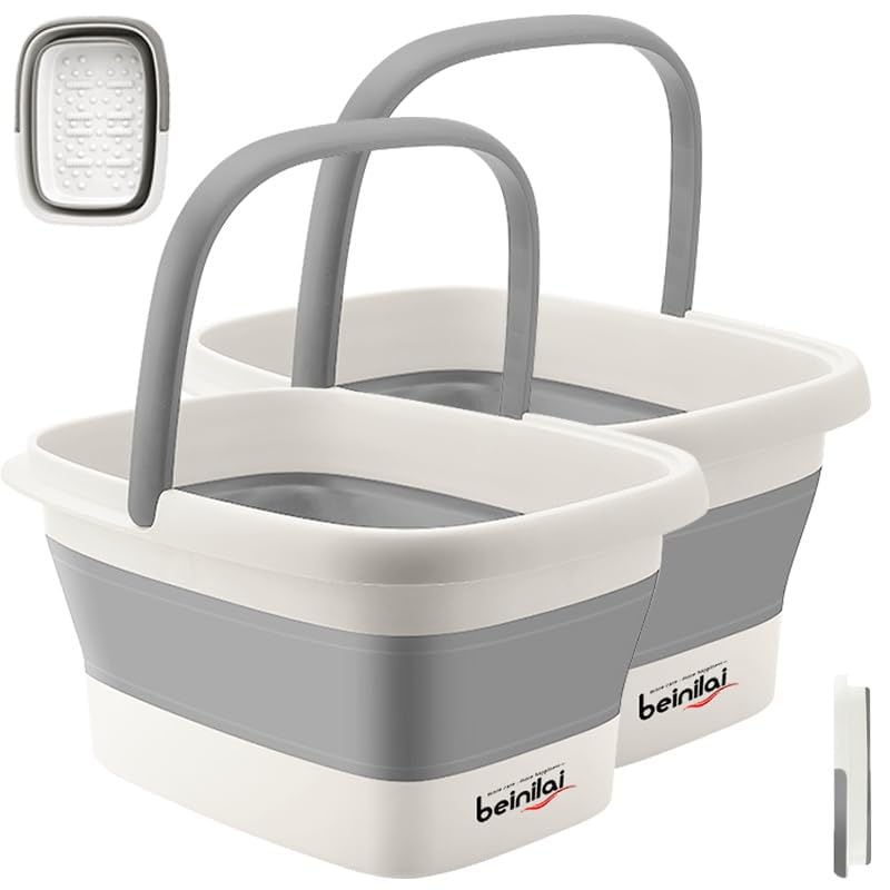 Collapsible Foot Bath Basin for Soaking Feet,Foot Soak Tub,Plastic Foot Bucket with Handles and Massage Acupoint,Foldable Laundry Basket-Gery (2 Pack) - color: Gray, size: 2 Pack