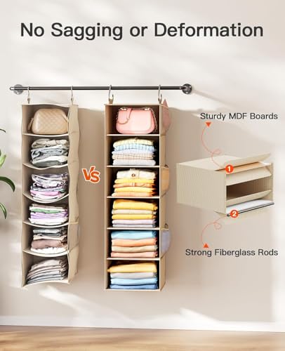Pipishell 6-Shelf Hanging Closet Organizer, with 3 Detachable Drawers & Side Pockets, Closet Organizers and Storage for Bedroom, Garment Rack and Wardrobe Organization, Dorm Clothes Organizer, Beige - color: Beige