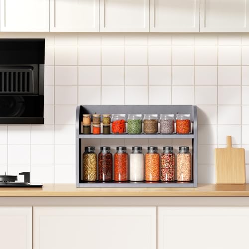 ROMGUAR CRAFT 2 Tier Bamboo Spice Rack, Countertop or Wall Mounting Wood Spice Jars Organizer Shelf for Kitche, Pantry (Grey) - color: Grey, size: 2 Tier