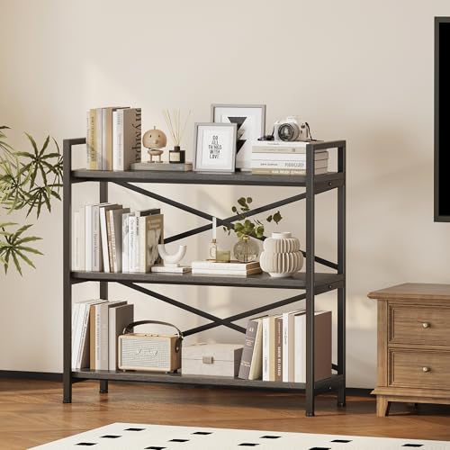 Homeiju 3 Tier Bookshelf 31.49" Width, Wood and Metal Etagere Bookcase, Vintage Farmhouse Modern Wooden Big Book Shelf for Home Living Room Bedroom Office Storage(Grey) - color: Grey, size: 3 Tier - 31.5" W
