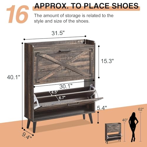 Barnyatoh Shoe Storage Cabinet,Farmhouse Shoe Organizer with 2 Flip Drawers & Barn Door Design,Freestanding Hidden Slim Narrow Shoe Rack Cabinet for Entryway,Foyer,Hallway,Dark Oak - color: Dark Oak, size: 2-Drawers