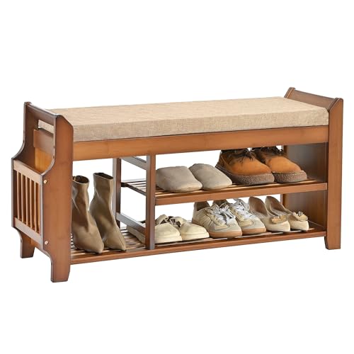PETKABOO Shoe Bench with Hidden Drawer and Side Holder, 2 Tier Entryway Bench with Storage 39.4 in, Bamboo Shoe Rack with Cushion for Entryway Hallway Living Room Bedroom - size: 39.4 in