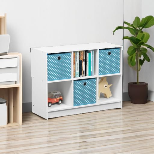 Furinno BASIC Book Shelf, 6-Cube Bookshelf with Open Shelf, 3 x 2 Bookcase with Storage Bins, Closed Back, Horizontal, 11.9 x 31.6 x 23.6, for Living Room, Bedroom, Home Office, White/Light Blue - color: White/Light Blue, size: 6-Cube with Bin