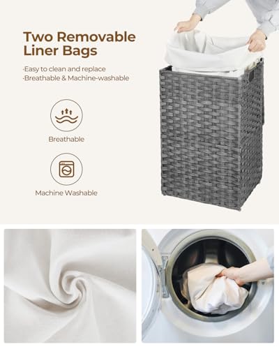 Greenstell Laundry Hamper with Lid, 60L Clothes Hamper with 2 Removable Liner Bags & 2 Mesh Laundry Bags, Handwoven Synthetic Rattan Laundry Basket for Clothes, Toys in Bathroom, Bedroom Grey - color: Gray, size: 60L (13.4 x 13.4 x 21.7 inches)