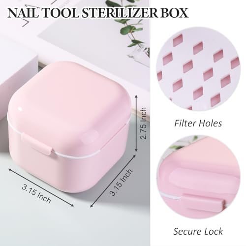 SUTOKAKA 1Pc Plastic Nail Tool Sterilizer Box Nail Drill Bits Cleaning Box Polishing Tools Soaking Tray Manicure Pedicure Storage Container Case - Pink (Pink, 3.15“x3.15“x2.75“) - color: Pink