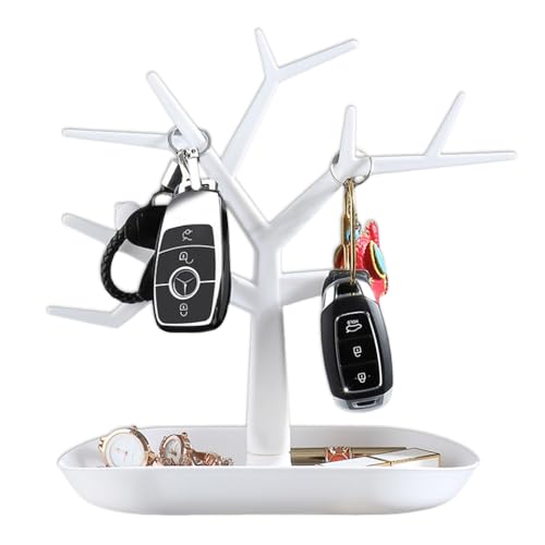 OULIGET Tabletop Key Holder Stand Tree Key Rack,Stand Jewelry Display Necklace Ring Earring Holder Rack,Jewelry Organizer Tray Home Decor for Home Entryway (White) - color: White
