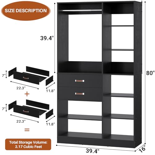 Armocity Freestanding Closet System, 40 Inches Stand-Alone Wardrobe with 10 Shelves, 80'' Height Adjustable Cloth Garment Rack with 2 Wood Drawers, Wood Walk-in Closet with Hanging Rod, Black - color: Black