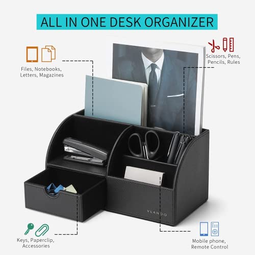 Vlando Office Desk Organizer Leather Desktop Organizer Caddy with Drawer for Storing Desktop Supplies and Accessories (Black Set) - color: B.Black Set