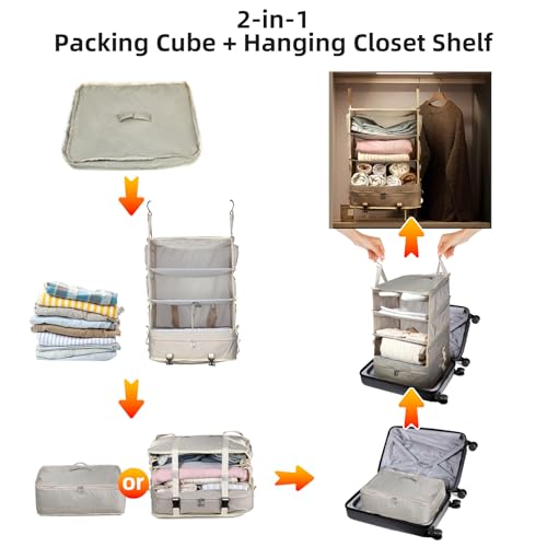 Bukere Hanging Packing Cube for Travel, Portable Shelves Organizer Bag for Luggage Suitcase, Travel Essentials, Compression Carry-On Closet Storage, X-Large Capacity - color: BEIGE 2PACK