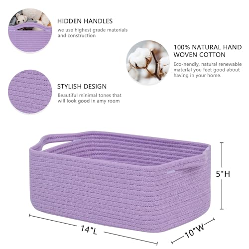 CubesLand Cute and Durable Small Cotton Rope Basket for Organizing, Woven Closet Storage Bin,Shelves Closet Storage Basket, Bathroom Storage Organizer Bin, Nursery Toy Basket Bin, Purple Basket - color: Purple, size: 14''x10''x5''