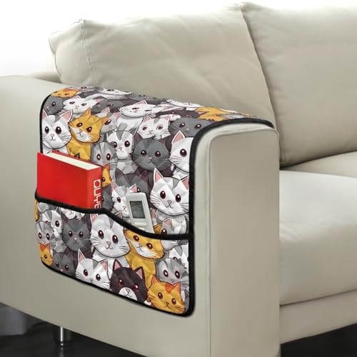 Cartoon Cat Print Armrest Cover for Sofa Diamond Pattern Couch Arm Protector with 2 Pockets Anti-Slip Armchair Slipcovers for Dogs Cats Pet Loveseat Arm Covers - color: Cartoon Cat