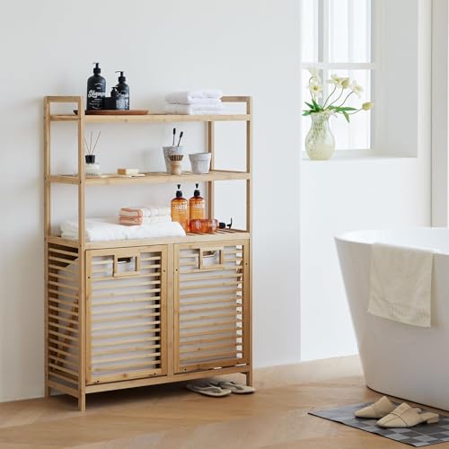 Baveke Double Tilt Out Laundry Hamper, Bamboo Hamper with 2 Removable Bags, Pull Out Laundry Hamper Cabinet, Bathroom Storage Shelf for Laundry Room, Living Room, 3-Tier(FSC-Certified Bamboo) - color: Natural, size: YSJ02-3T
