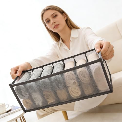 Wardrobe Clothes Organizer for Drawers - 7 Grids Mesh Pants Storage Box, Foldable Closet Compartment Separators for Jeans, T-Shirts, Leggings & Sweaters, Washable Clothing Divider (Gray, 1 Pack)