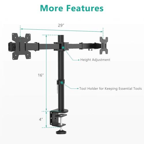 WALI Dual Monitor Stand for Desk, Dual Monitor Mounts for 2 Monitors up to 27 inch, 2 Monitor Desk Mount Holds up to 22 lbs, Height Adjustable Swivel Tilt Rotation, 75x75/100x100mm (M002), Black - size: Dual, style: C-Clamp