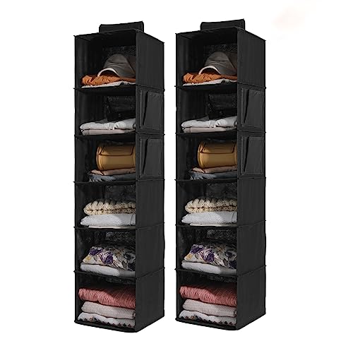 2 Packs Hanging Closet Organizer Storage, 6-Shelf Hanging Shelves for Closet, Closet Clothes Organizer and Storage with Side Pockets, Black - color: Black, size: 6 Shelves