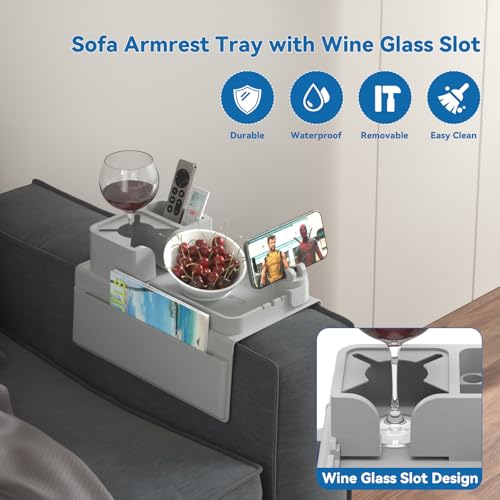 Couch Arm Cup Holder CLESOO Couch Arm Tray Anti-Slip Couch Cup Holder Silicone Sofa Armrest Tray Dual Side Pocket Couch Drink Holder Sofa Caddy Arm Remote Holder Snack Caddy with Phone Holder Grey - color: Grey