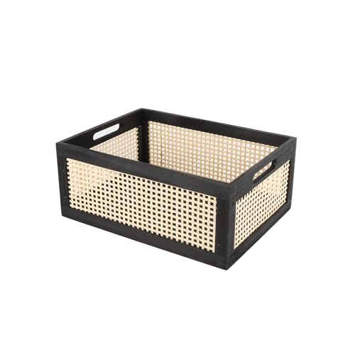 SHCMSADO Wooden Frame Storage Basket, Decorative Organizer Crates Box with Built-in Handle,Natural Wire Wood Nesting Drawer Storage for Kitchen, Bathroom and Office Desktop-(15" Lx11 Wx6.3 H-Black)