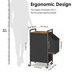 Laundry Hamper with Rustic Brown Lid & Wheels; 96L Large Rolling Laundry Basket with Removable Oxford Liner Bag; Tall Freestanding Dirty Clothes Hamper with Side Pocket; Metal Frame Laundry Cart - color: Black