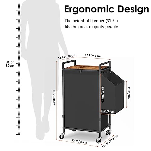 Laundry Hamper with Rustic Brown Lid & Wheels; 96L Large Rolling Laundry Basket with Removable Oxford Liner Bag; Tall Freestanding Dirty Clothes Hamper with Side Pocket; Metal Frame Laundry Cart - color: Black
