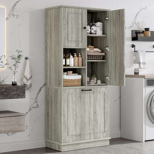 Virubi Tall Laundry Cabinet with Tilt Out Hamper, Wood Tall Laundry Room Cabinets with Doors, and Adjustable Shelves, for Bathroom Storage Organization, Freestanding, Oak - color: Oak, size: 29.9"x14.2"x67.7"
