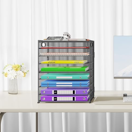 Cawukege 9 Tier Paper Organizer with Handle, Large Capacity Desk Organizer Mesh Paper Letter Tray File Folder Document Sorter for Classroom and Office Accessories Organization- Grey (2 Pack) - color: 2 Pack - Grey