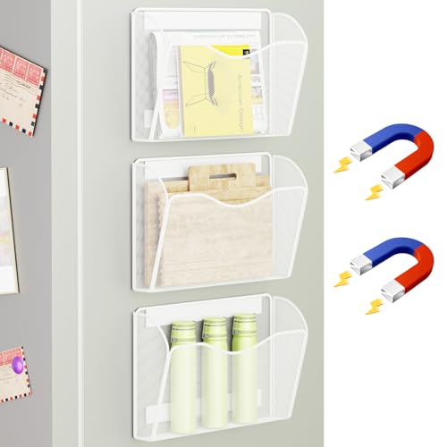 Magnetic File Holder - Heavy Duty Wall File Organizer for Refrigerator & Whiteboard - Strong Magnet Mail Holder & Magazine Rack, No Drilling Document Storage Basket for Office Cabinet - color: White, size: 3 Pack Magnetic