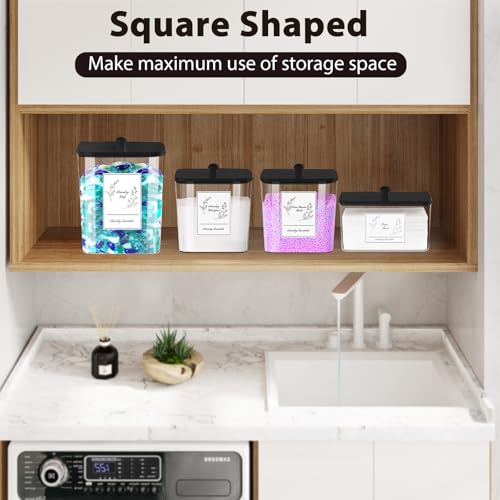 COAZEX 4 Pack Clear Laundry Pods Container & Dryer Sheet Holder, Plastic Square Laundry Room Organization and Storage Jars with Lids, Scoops & Labels for Detergent, Powder, Dryer Balls (Black Lid) - color: A-2+1+1 Pack(Black Lid)