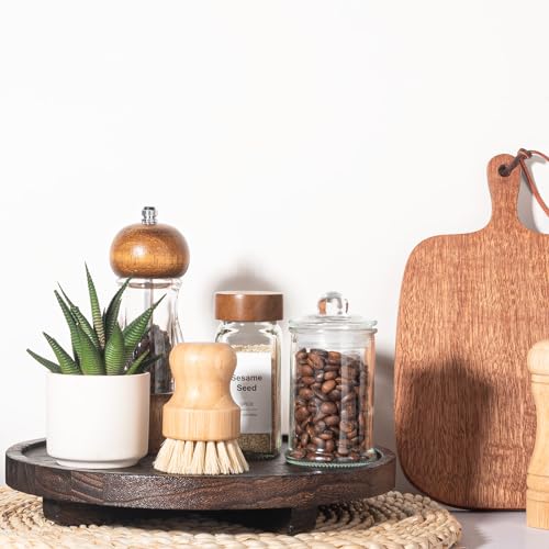 Round Decorative Tray Wood Bathroom Counter Organizer Farmhouse Kitchen Decor Wooden Riser for Soap Dish, Perfume, Candle, Sponge, 10" - Dark Brown - color: Dark Brown, size: 10"