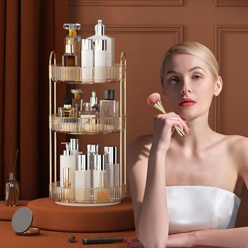 YCIA&DONE 360 Rotating Makeup Organizer and Storage for Vanity Countertop 3 Tiers, High Capacity Cosmetic Skincare Perfume Organizers for Dresser Bathroom Lazy Susan (Amber Gold) - color: Amber Gold, size: 9" (3 Tiers)