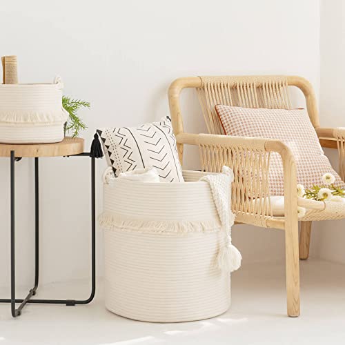 CherryNow Extra Large Woven Storage Baskets – 17'' x 16'' Cotton Rope Decorative Hamper for Magazine, Toys, Blankets, and Laundry, Cute Tassel Nursery Decor - Home Storage Container Off-white - color: Off-white, size: 50L (16"W x 17"H)