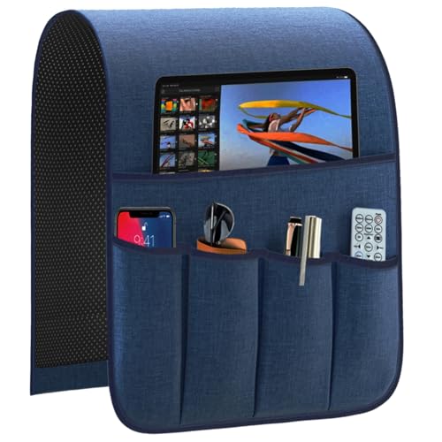 Armrest Organizer Non Slip Remote Control Holder Arm Chair Couch Caddy For Recliner Sofa Bedside With 5 Pocket Storage for Tablet Phone iPad (Navy, W13 x L33) - color: Navy, size: W13" x L33"