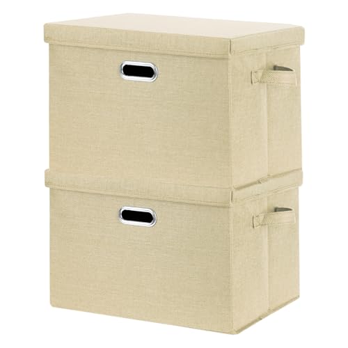 SNWDN 2 Pack Large collapsible Fabric Storage Bins with Lids Fabric storage box with lids for Household and office use (Beige 17.3x11.4x11.8 inches) - color: Beige, size: Large（2-Pack 17.3*11.4*11.8 Inches）