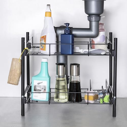 2-Tier Under Sink Organizer Multipurpose Movable Rolling Cart Storage Cabinet Basket for Bathroom Kitchen with Hand Towel Bar, Black