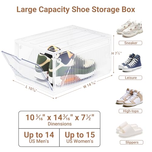 XX-Large Shoe Sneaker Storage Boxes for Size 14, Stackable & Thicken Clear Plastic Shoe Organizers 6 Packs for Entryway Closet Under Bed, Shoe Storage Cabinets Container Display Case w/ Magnetic Door - size: 6 packs
