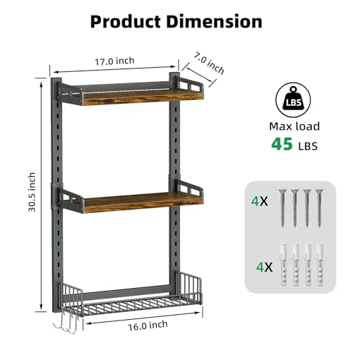 Kalrin 3 Tier Bathroom Shelves Over Toilet - Wall Mounted Floating Shelves with Drain Basket, Toilet Paper Storage, Height Adjustable Over The Toilet Storage, Vintage Brown - color: Brown