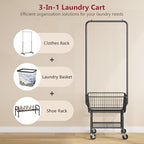 Tajsoon Laundry Cart with Hanging Rack, Metal Laundry Basket with Wheels, Laundry Hamper with Storage Basket and Shelf, Rolling Laundry Cart with Wheels, Black - color: Black