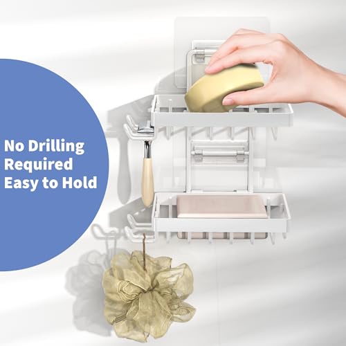 Moforoco White Double Soap Bar Holder for Shower, No Drilling, 304 Rustproof Stainless Steel, Wall Mounted Soap Holder with 4 Hooks and Razor Holder, Shower Rack Soap Tray Bar Soap for Bathroom - color: White, size: 2-T