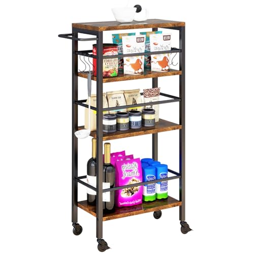 IBUYKE 7.8" Slim Rolling Cart,4-Tier Metal Kitchen Storage Cart,Trolley cart on Wheels for Narrow Space,with Handle and Wooden Tabletop,for Kitchen, Dining Room,Laundry Room,Rustic Brown UTMJ065H - style: Brown