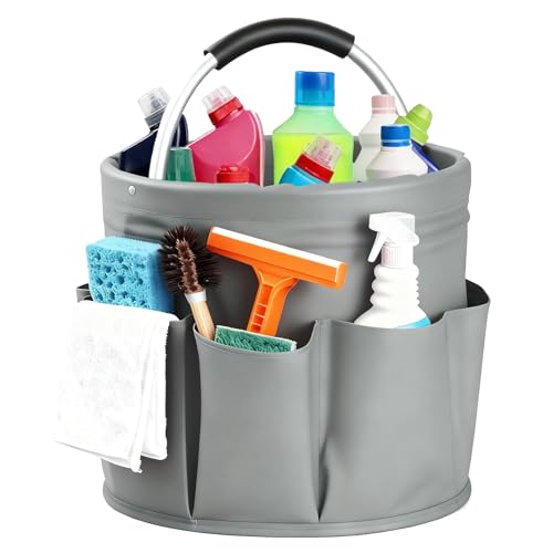 Cleaning Caddy with Handle, Cleaning Products Organiser, Foldable Storage Basket, Large Supply Organiser 17L with 6 Pockets, Portable Cleaning Caddy for Home & Garden (Dark Grey) - color: Dark Grey